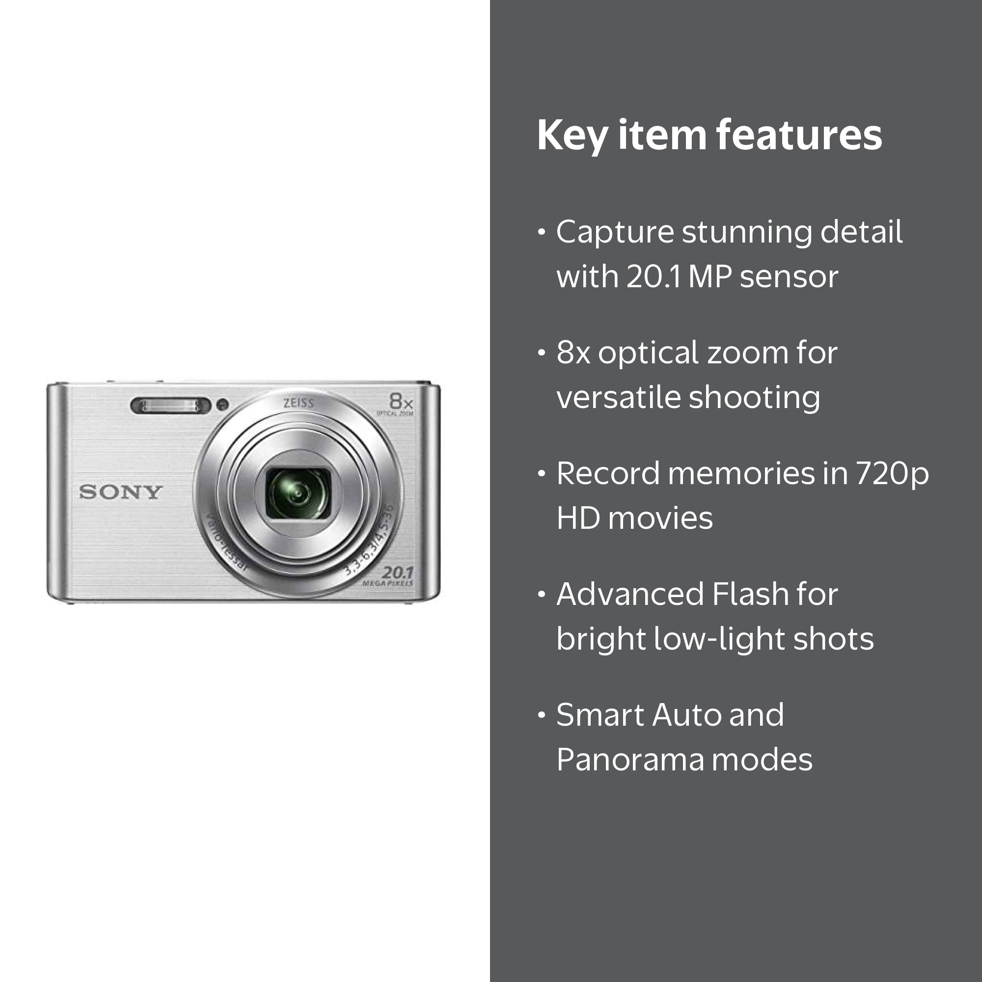 Sony Cybershot W830 20.1MP 8x Zoom Compact Digital Camera Silver