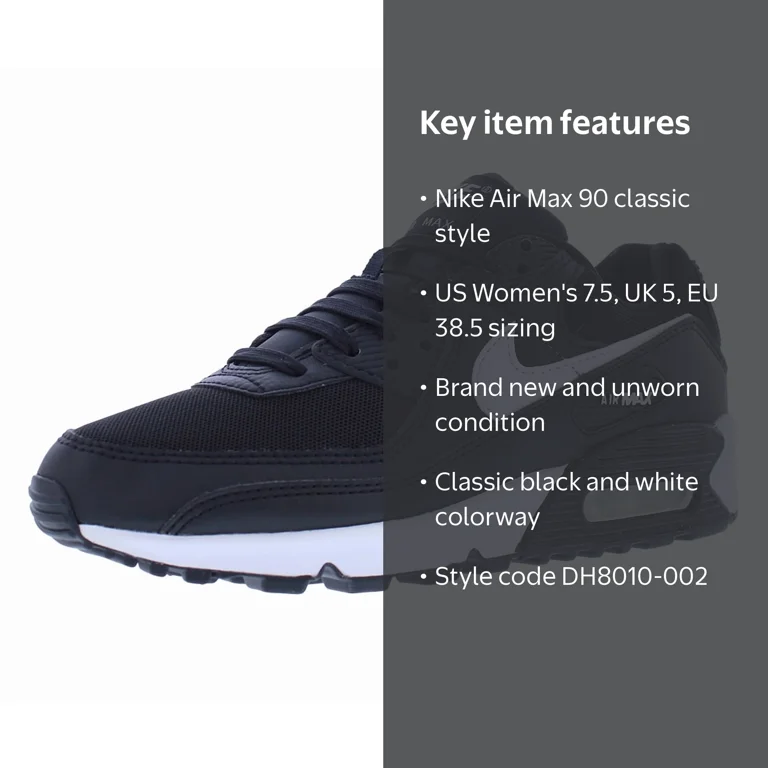 Nike Women's Air Max 90 Shoes, Black/White-Black, Size 7.5 (DH8010
