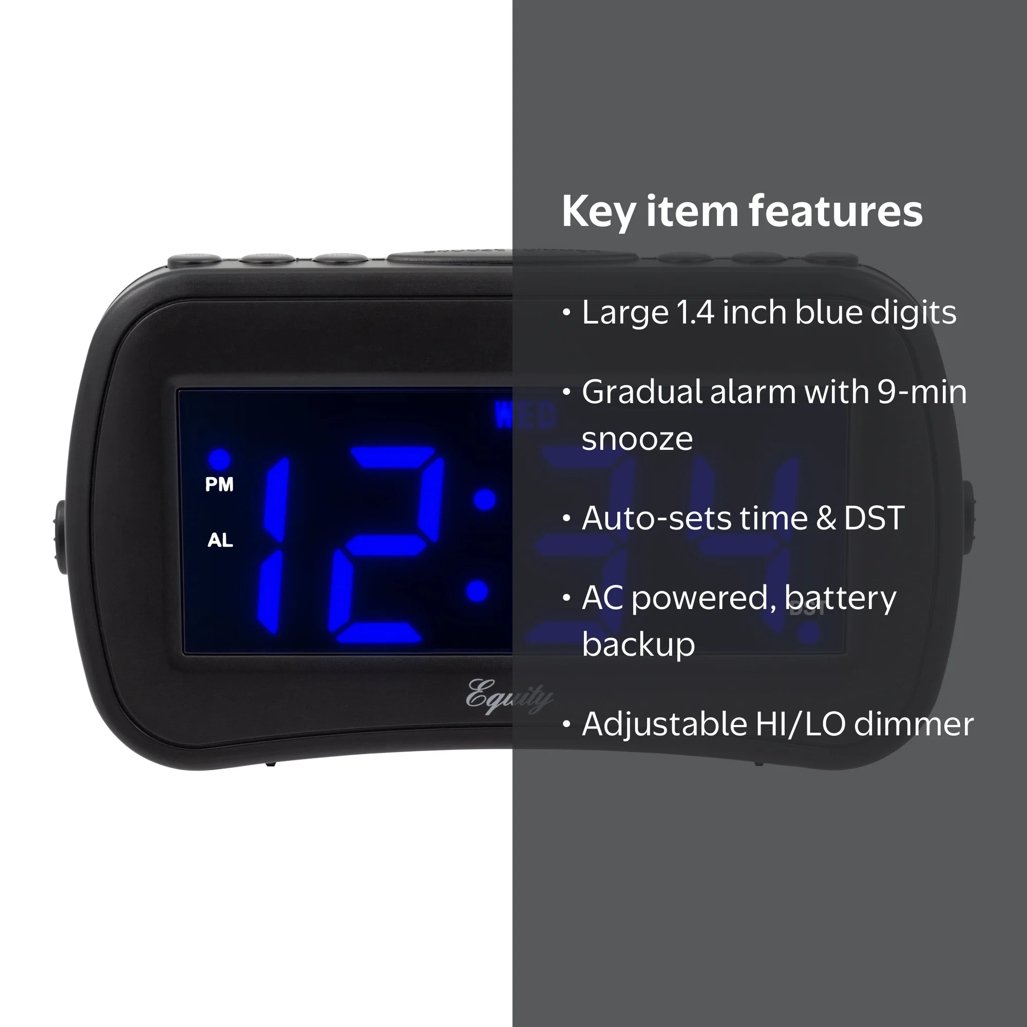 Equity 1.4 in. Day of Week Insta-Set Black LCD Alarm Clock, 30022