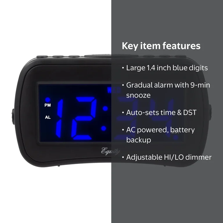 Equity 1.4 in. Day of Week Insta-Set Black LCD Alarm Clock, 30022