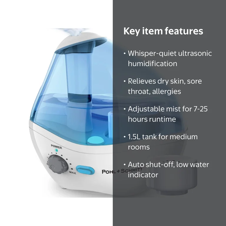 Ultrasonic Humidifier for Bedrooms, Quiet, Nightlight, Auto-Off