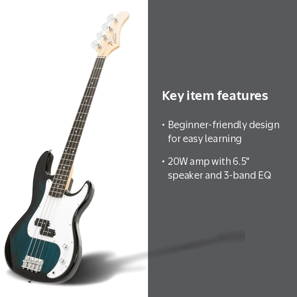 Blue Electric Bass Guitar with 20W Amp & Headphones - 4-String