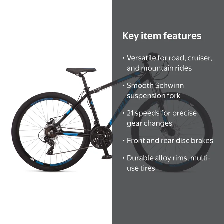 schwinn dsb fitness hybrid bicycle GTX 4 Bike, 700c Mens and Womens Bike, 24-Speed Hybrid Bicycle, Aluminum Dual-Sport Frame, Suspension Fork, Mechanical Disc Brakes, Adult Bicycle. Sporting Goods The Glenwood features a durable steel Schwinn frame and suspension fork that absorbs bumps in the road Schwinn GTX 1 Dual Sport