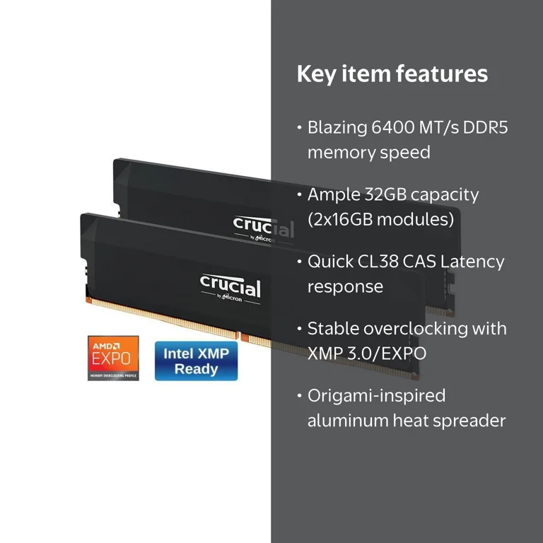 Crucial, Desktop Memory, DDR5 6400, 32GB (2 x 16GB), Black