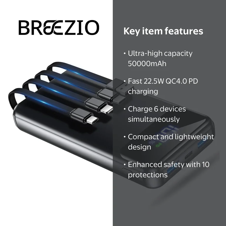 Breezio Portable Charger Power Bank 50000mAh, 22.5W Fast Charging