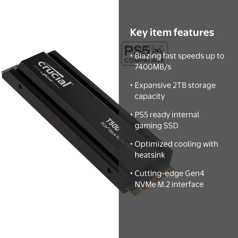 Crucial, PCIe Gen4 NVMe M.2 SSD, T500 2TB, Heatsink, PS5