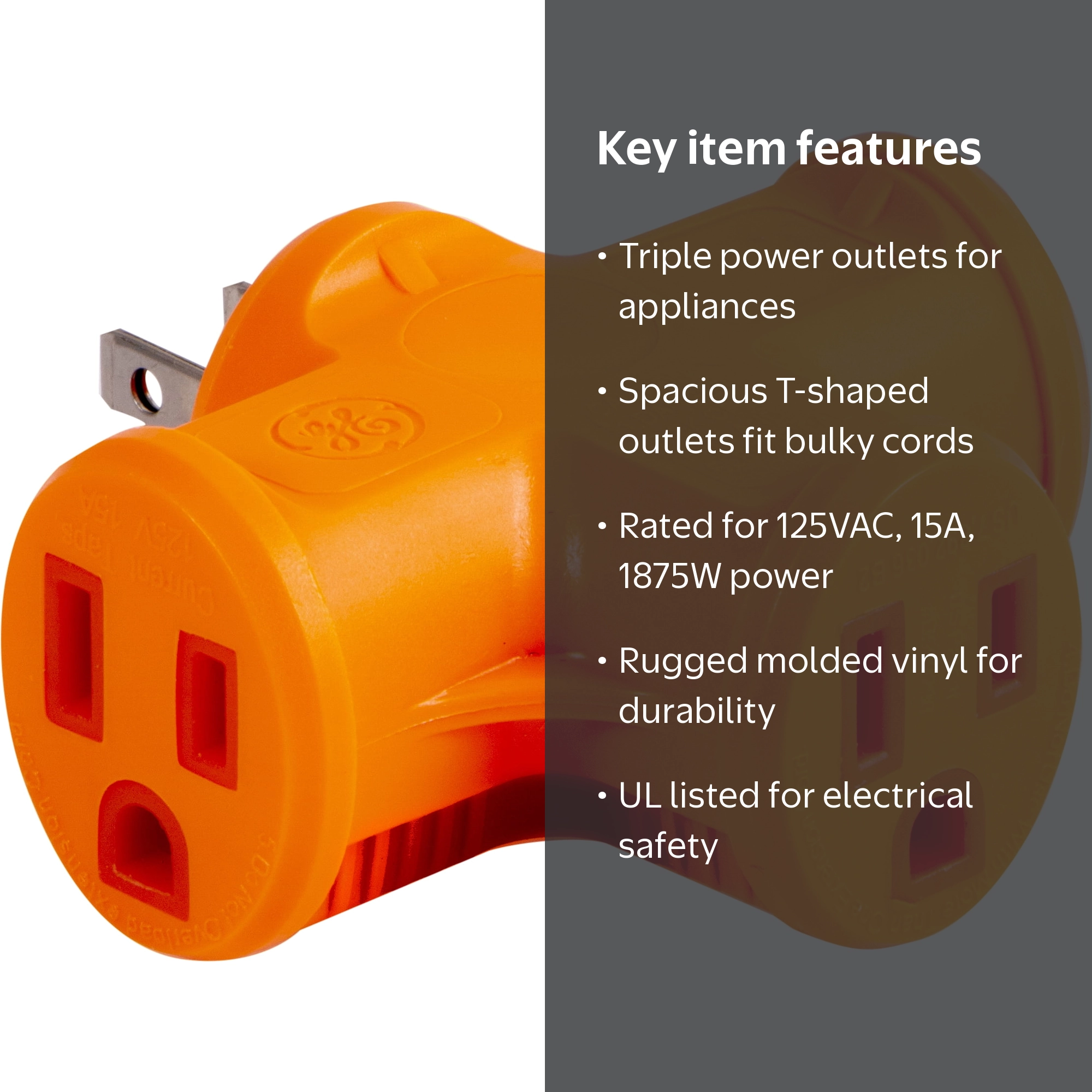 GE 3-Outlet Grounded “T” Tap Adapter, Orange – 50281 - Walmart.com