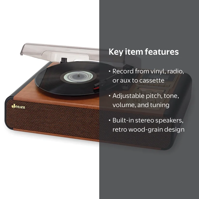Jensen, Turntable with Cassette Recorder, 3-Speed, Brown - Walmart.com