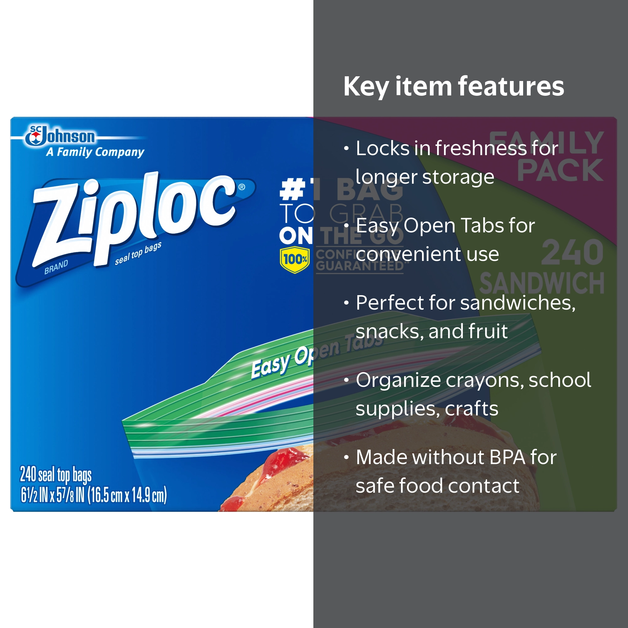 Ziploc Brand Sandwich Bags with Easy Open Tabs for Snack Storage