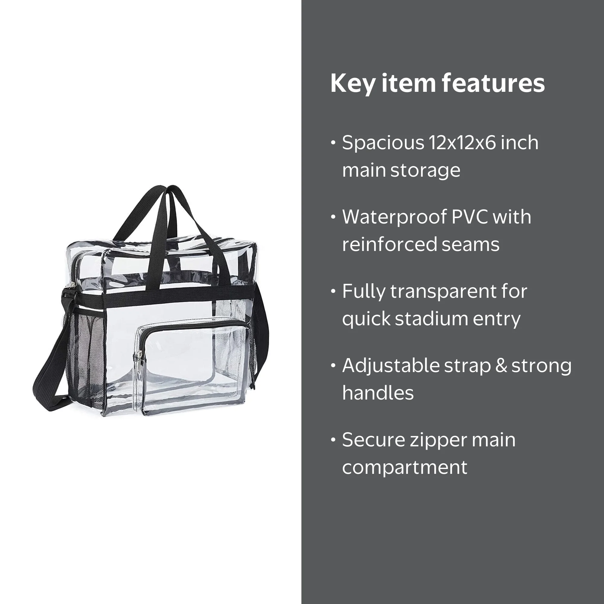 Large 12x12x6 inch PVC Tote Bag with Zipper and Handles