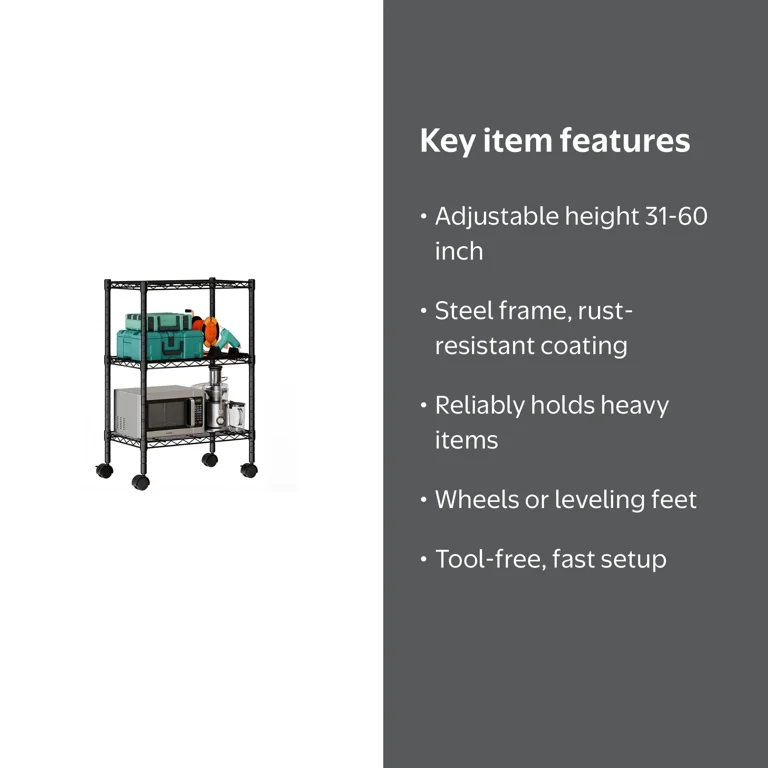 Gianna 3 Tier Heavy Duty Adjustable Wire Shelving with Wheels