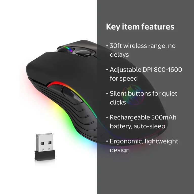 TSV Wireless Gaming Mouse, Rechargeable RGB Backlit, 3 DPI Levels