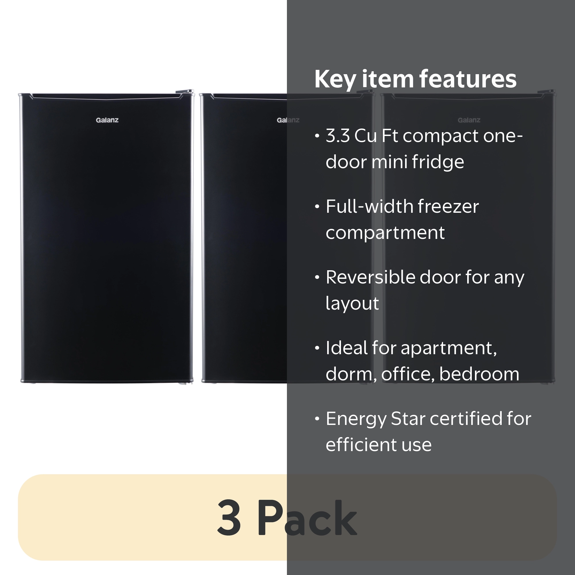 3 pack) Galanz 3.3 Cu Ft Compact Refrigerator, Black One Door Mini