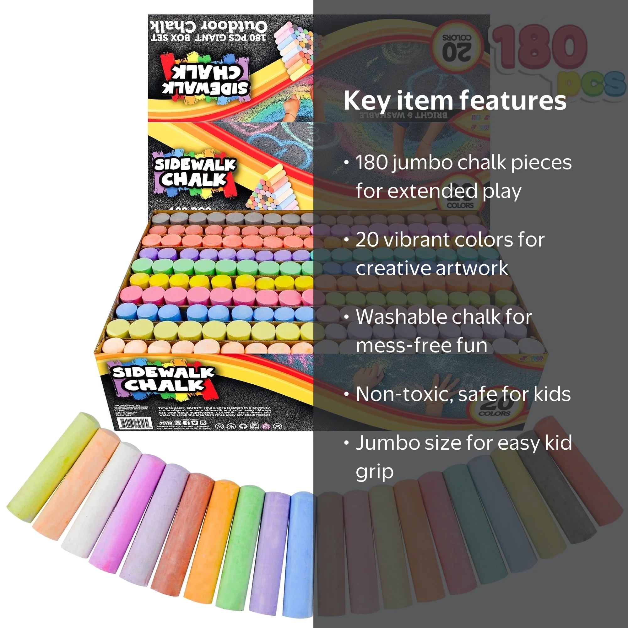Joyfy 180PCS Washable Sidewalk Chalks, Outdoor Non-Toxic Jumbo