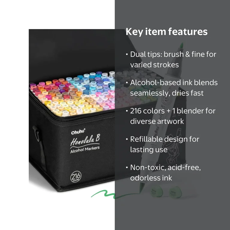 Ohuhu, Markers, 216-Color Dual Tip Art Set with Refillable Ink