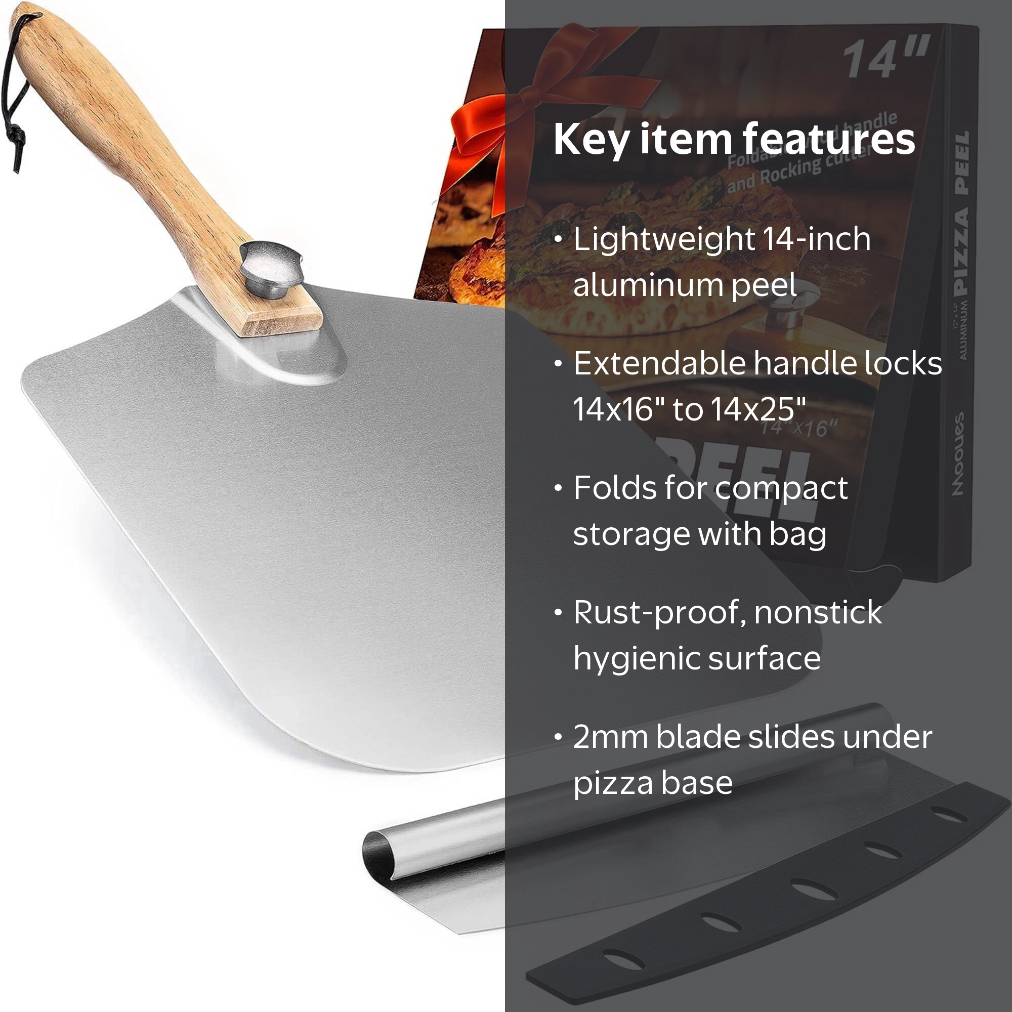 ACMETOP Pizza Peel 14 x 16 inch Aluminum with Foldable Wood Handle