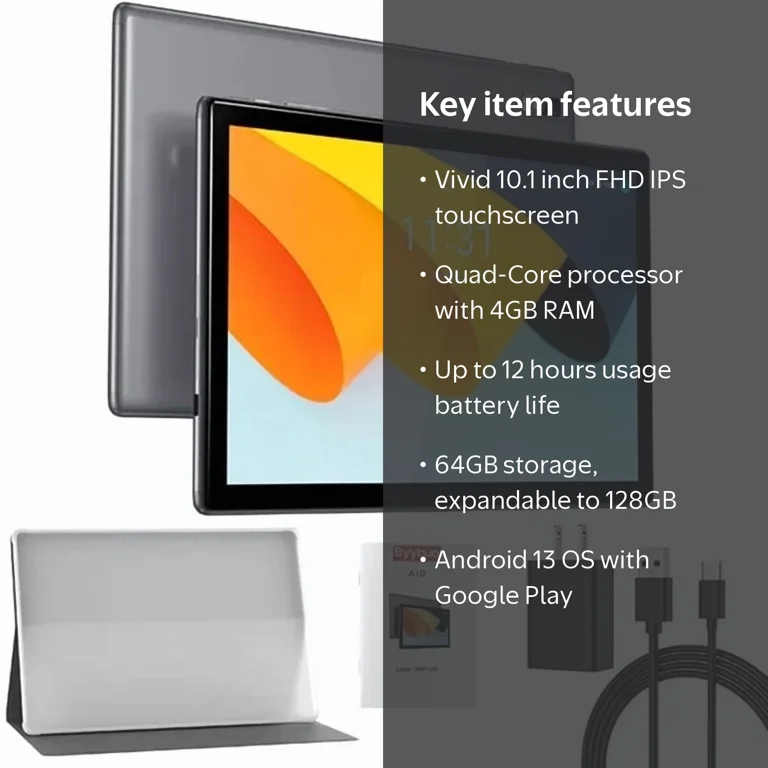 BYYBUO Android 13 Tablet,10.1 inch Tablet, 64GB ROM Quad-Core