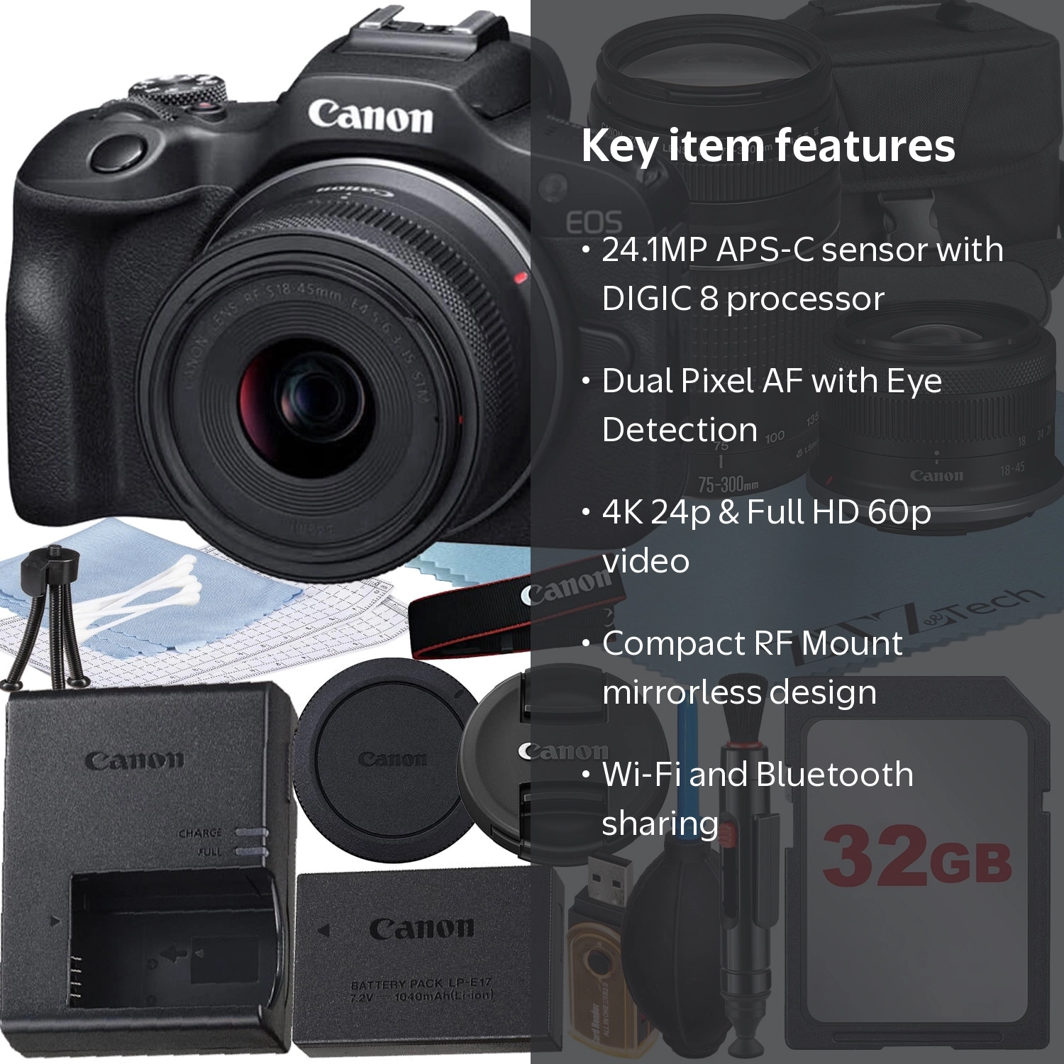Canon EOS R100 Camera Bundle with 18-45mm, 75-300mm Lenses, 32GB