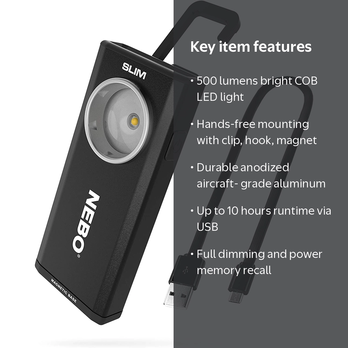 NEBO Slim Black Work Light, USB Rechargeable Pocket Light with