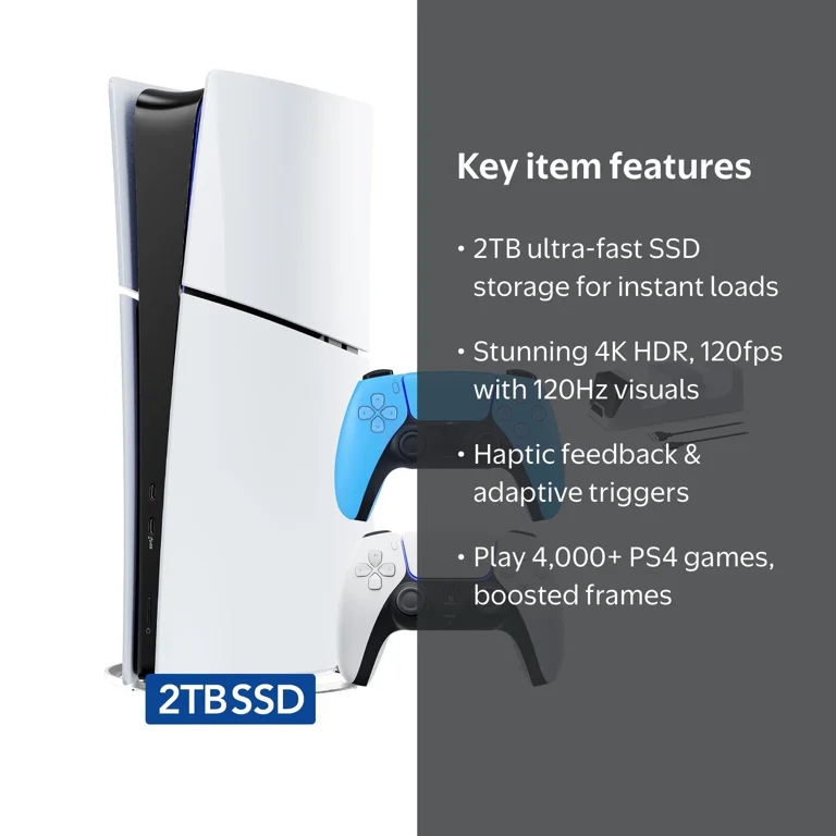 PlayStation 5 Slim 2TB SSD, White & Blue Dualsense Controllers