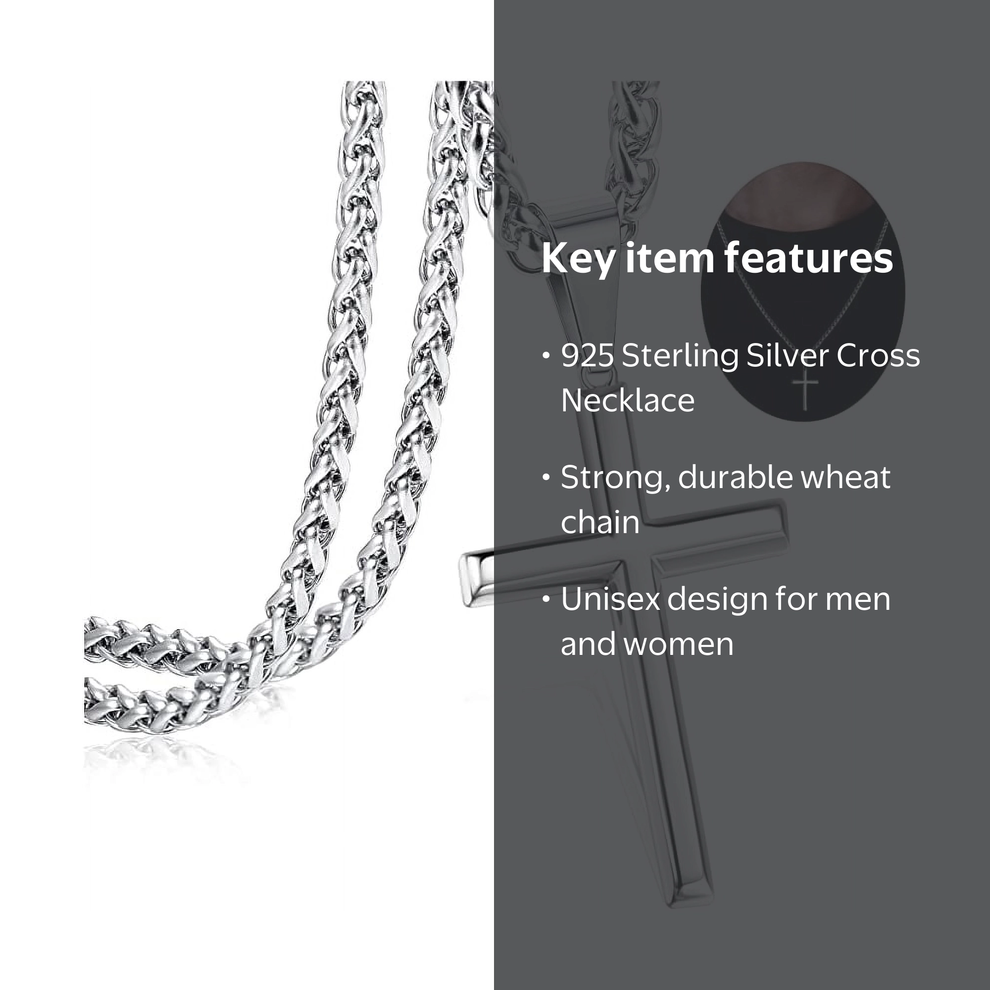 ZXB Jewelry, 925 Sterling Silver Cross Necklace, Durable Wheat