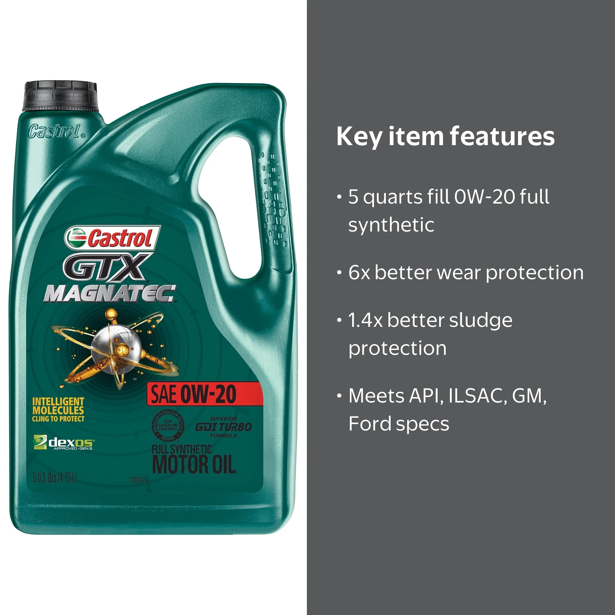 Castrol GTX MAGNATEC 0W-20 Full Synthetic Motor Oil, 5 Quarts