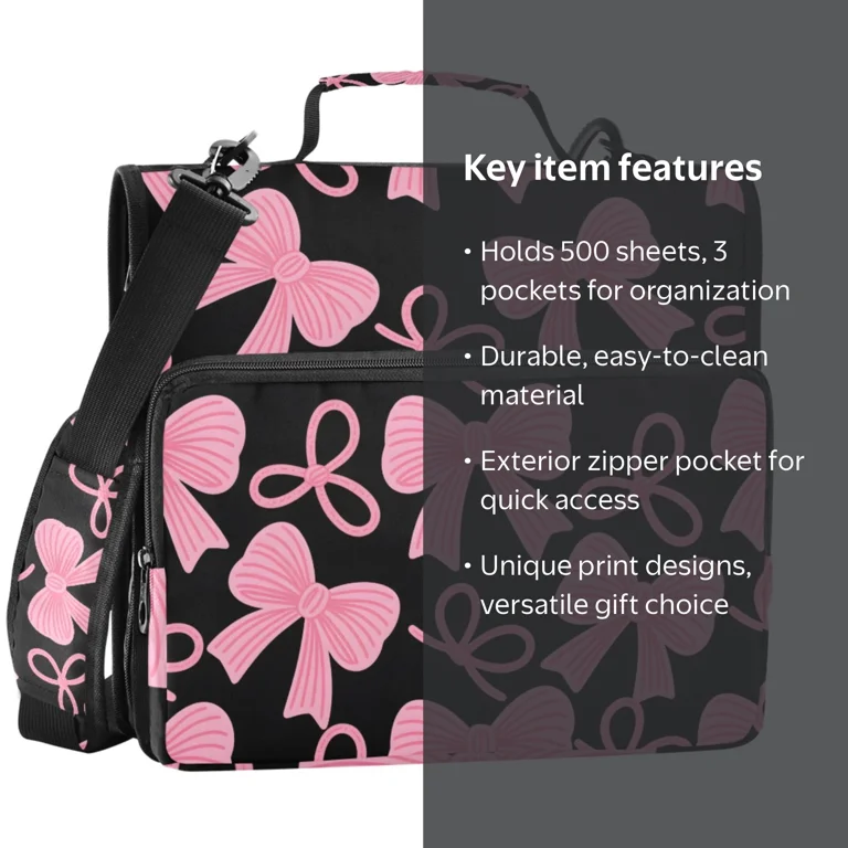 ALAZA Zipper Binder Pink Bows 1.5 inch 3 Ring Trapper Keeper 500