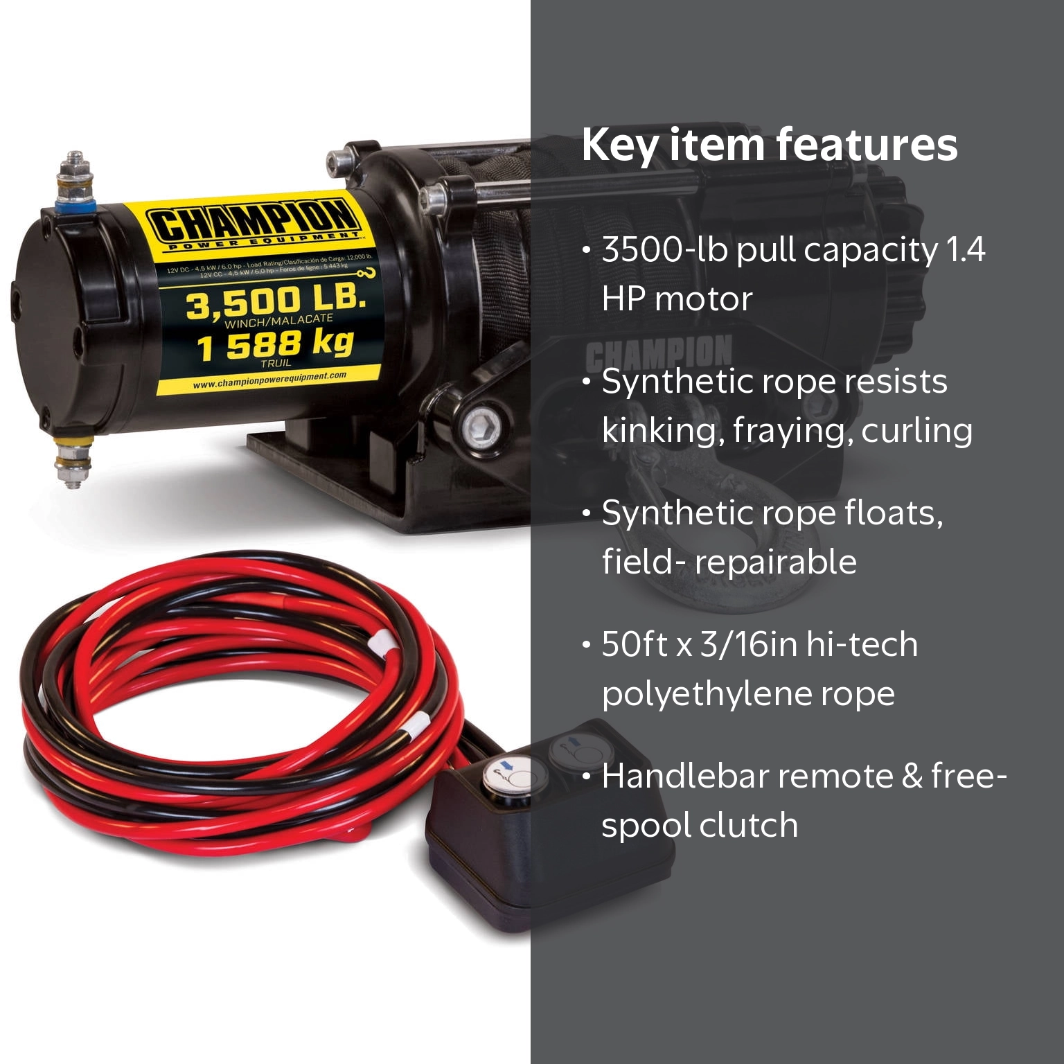 Champion Power Equipment 3500-lb. ATV/UTV Synthetic Rope Winch Kit