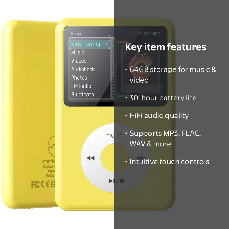 innioasis, Mp3 Player, 64GB Bluetooth, Light yellow - Walmart.com