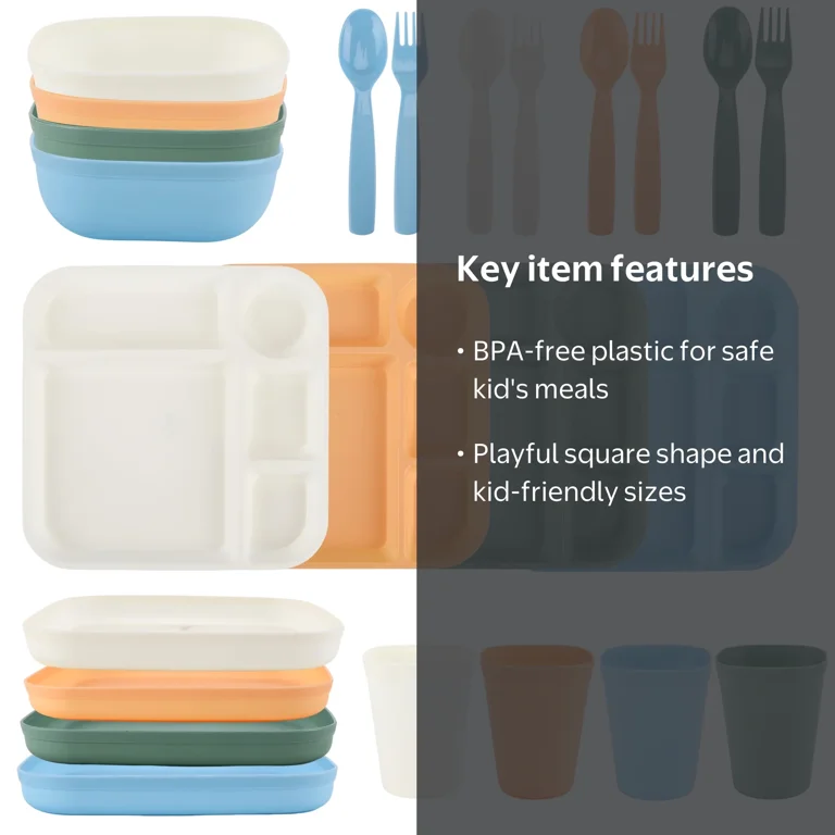 Your Zone 24-Piece Kids Plastic Square Dinnerware Set with Trays