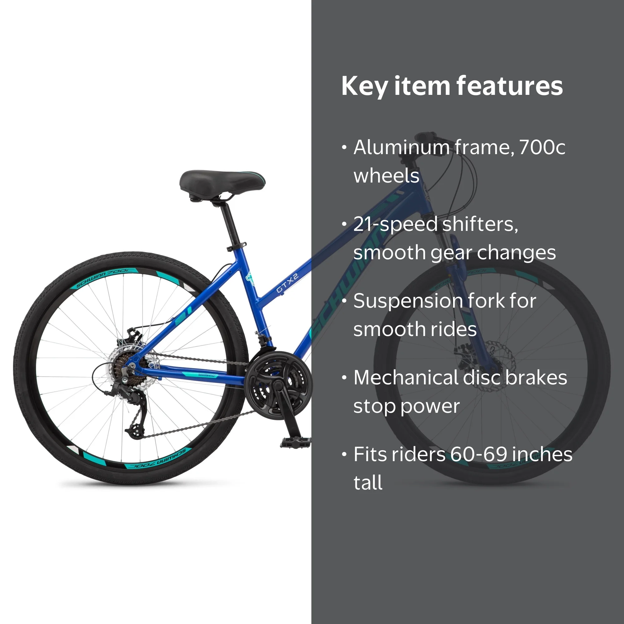 Schwinn GTX 2 Hybrid Bike, 700c Wheels, Blue, 21-Speed, Ages 14+
