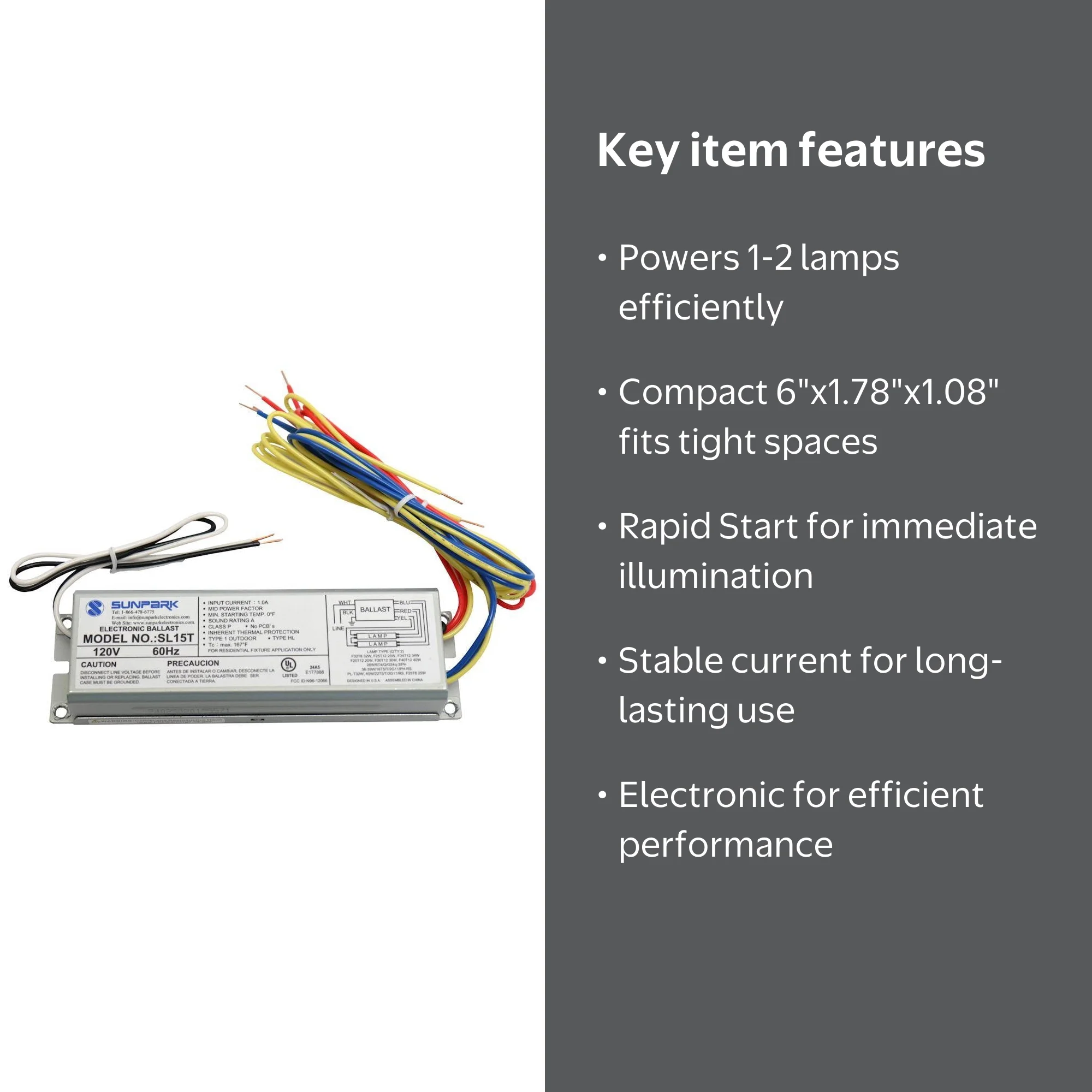 Sunpark SL15T Ballast #113060 - Rapid Start 1-2 Lamp - 120V T8