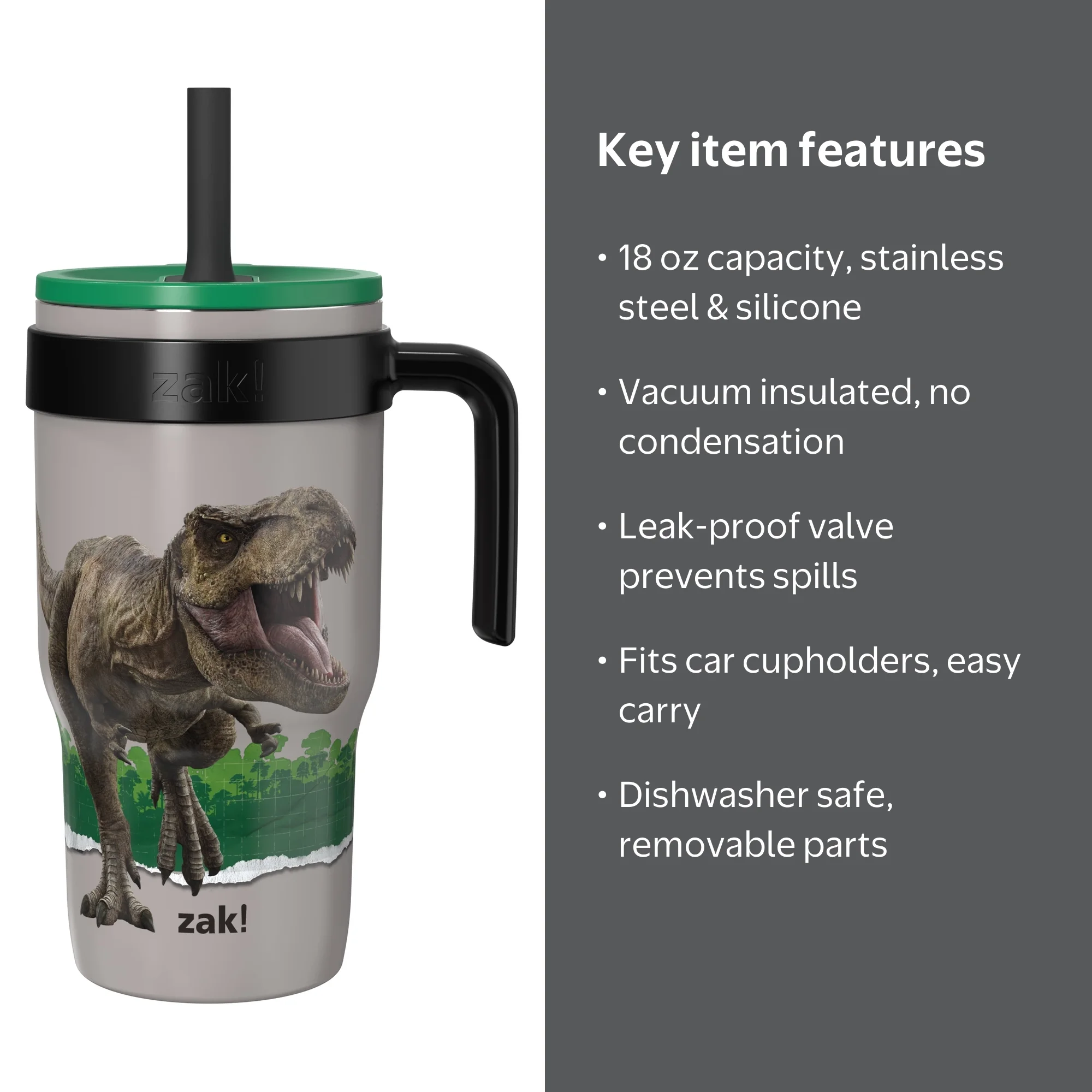 Zak Designs 18oz Jurassic Park Kids Straw Handle Gray Tumbler