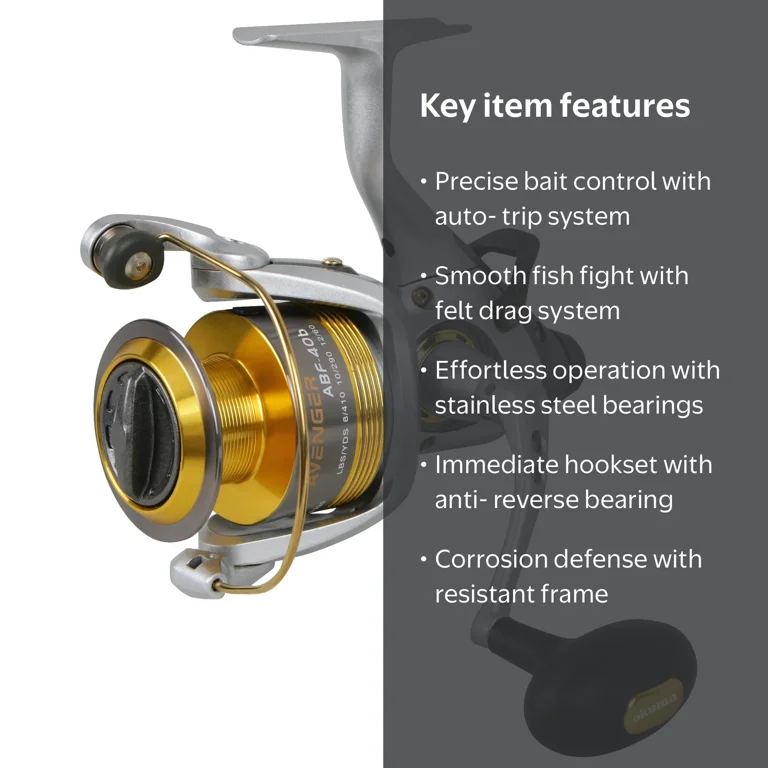 okuma avenger abf baitfeeder reel Graphite Bait Feeder Spinning Reel- ABF-500 : Sports & Outdoors The On/Off lever on the rear of the reel will automatically disengage the baitfeeder system so you can fight your fish with the main drag system. Okuma Avenger ABF Spinning Reel