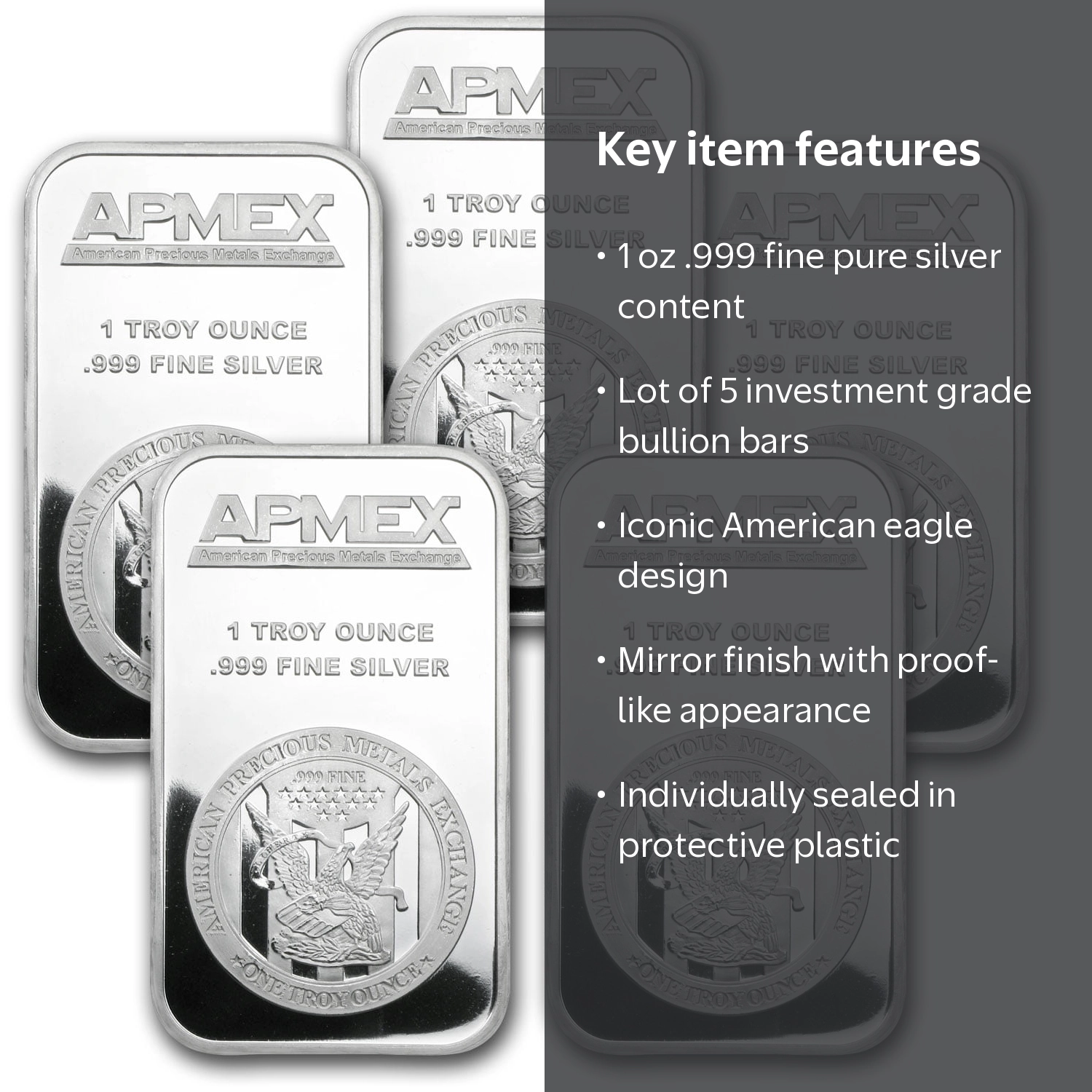 APMEX 1 oz Silver Bars, Lot of 5, .999 Fine Silver Bullion