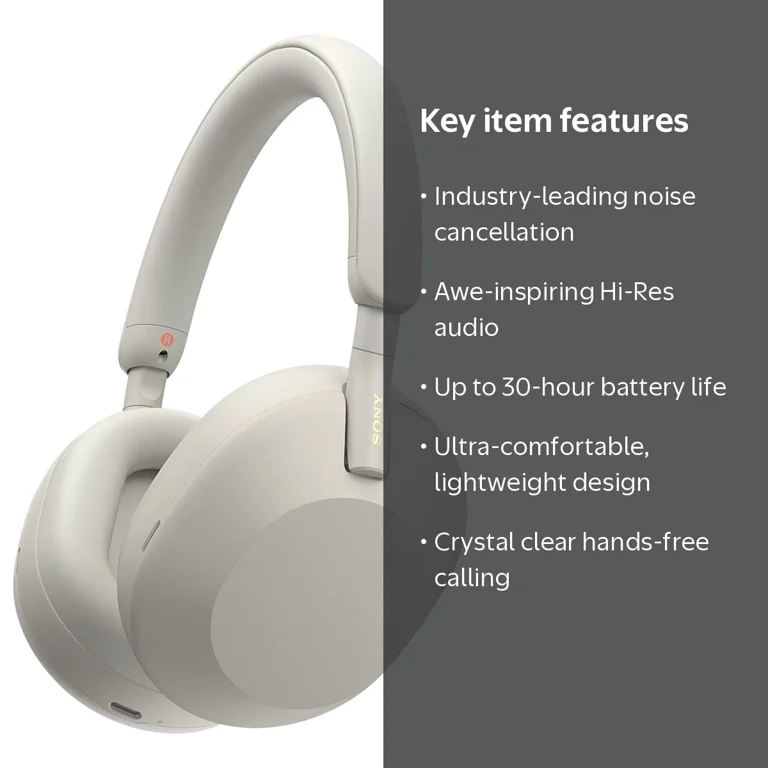 Sony, Wireless Noise Canceling Headphones, Silver, 30-hour Battery