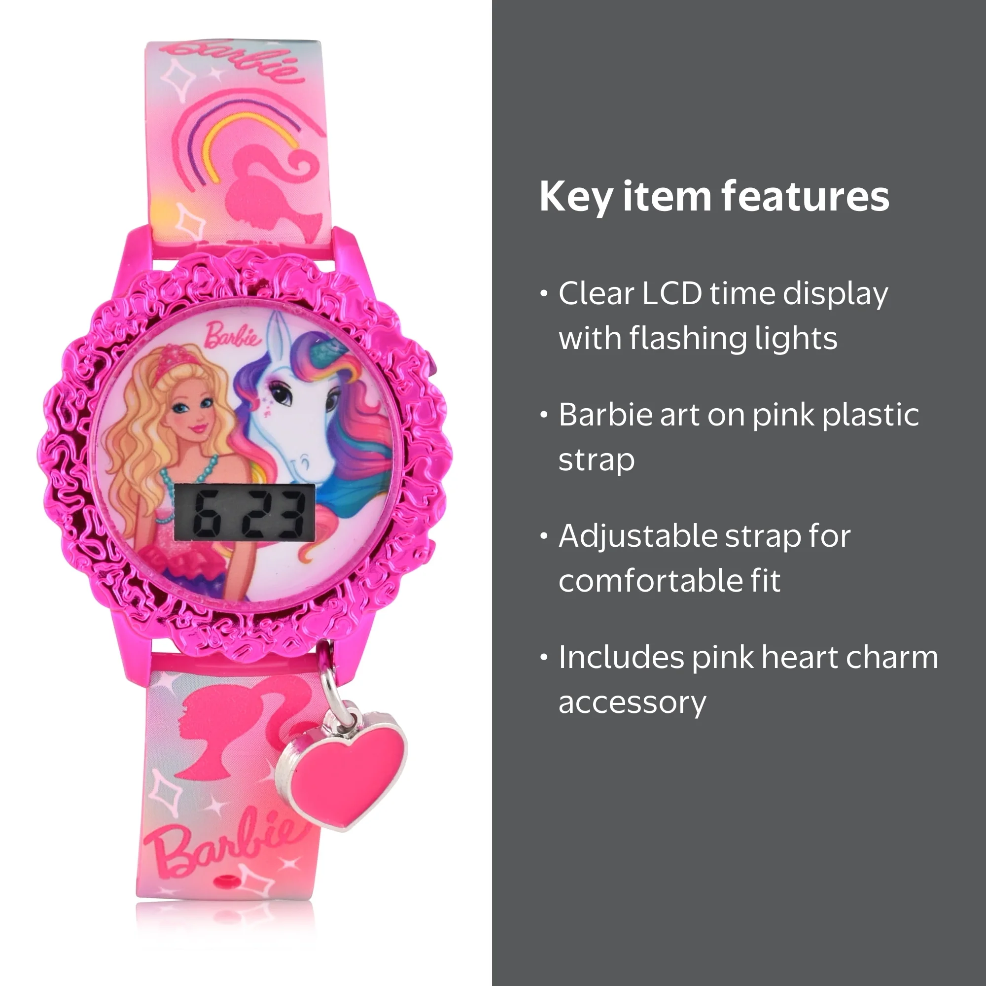 Barbie Kids Flashing Lights LCD Watch with Printed Strap and Heart