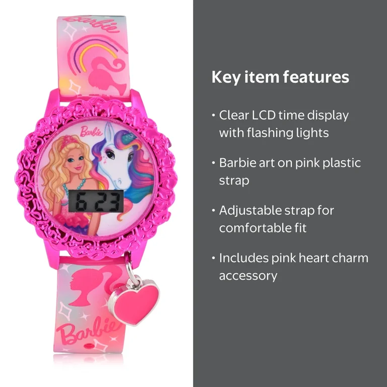 Barbie Kids Flashing Lights LCD Watch with Printed Strap and Heart