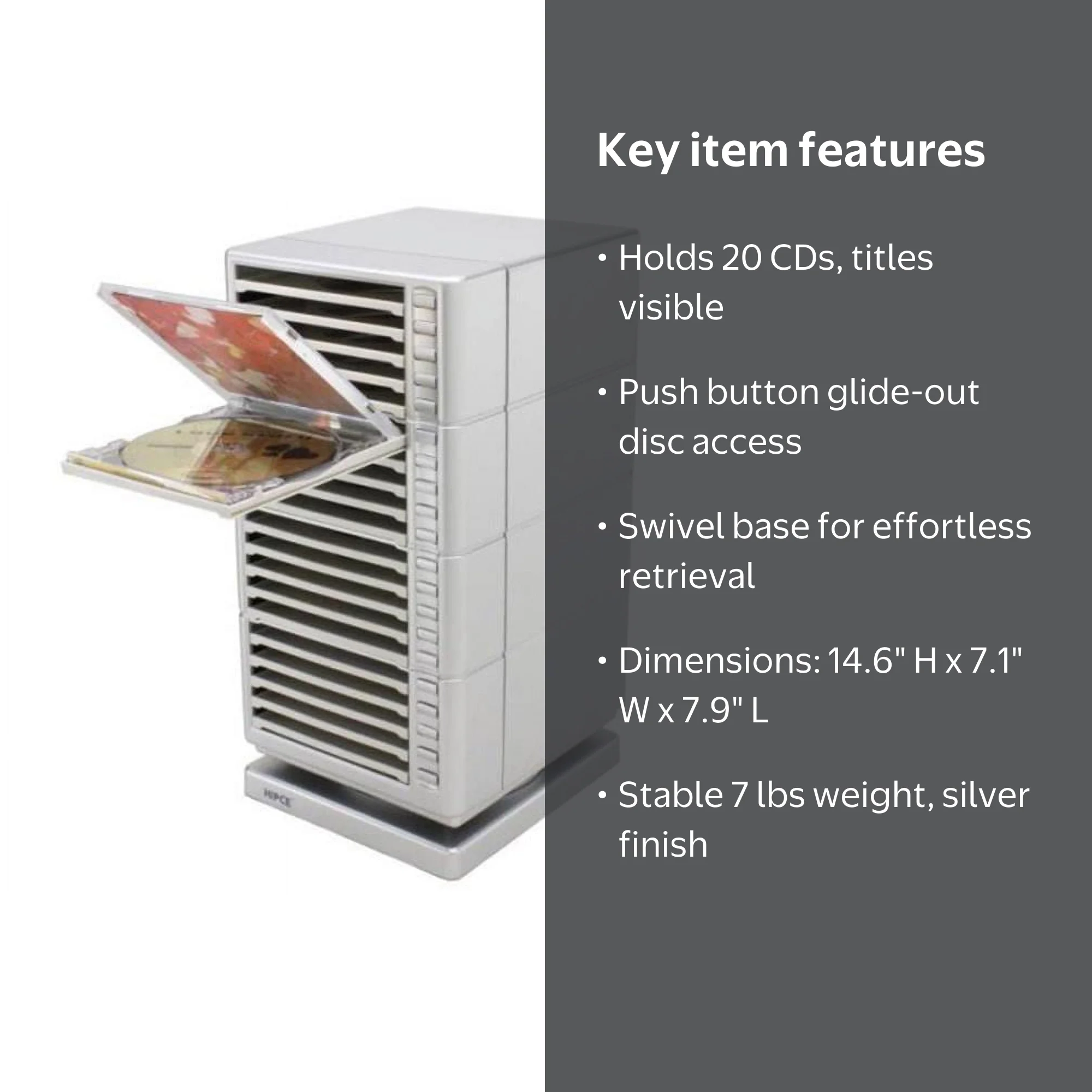 Hipce CDRT-20 LS One Touch Swivel CD Rack, Light Silver - 20