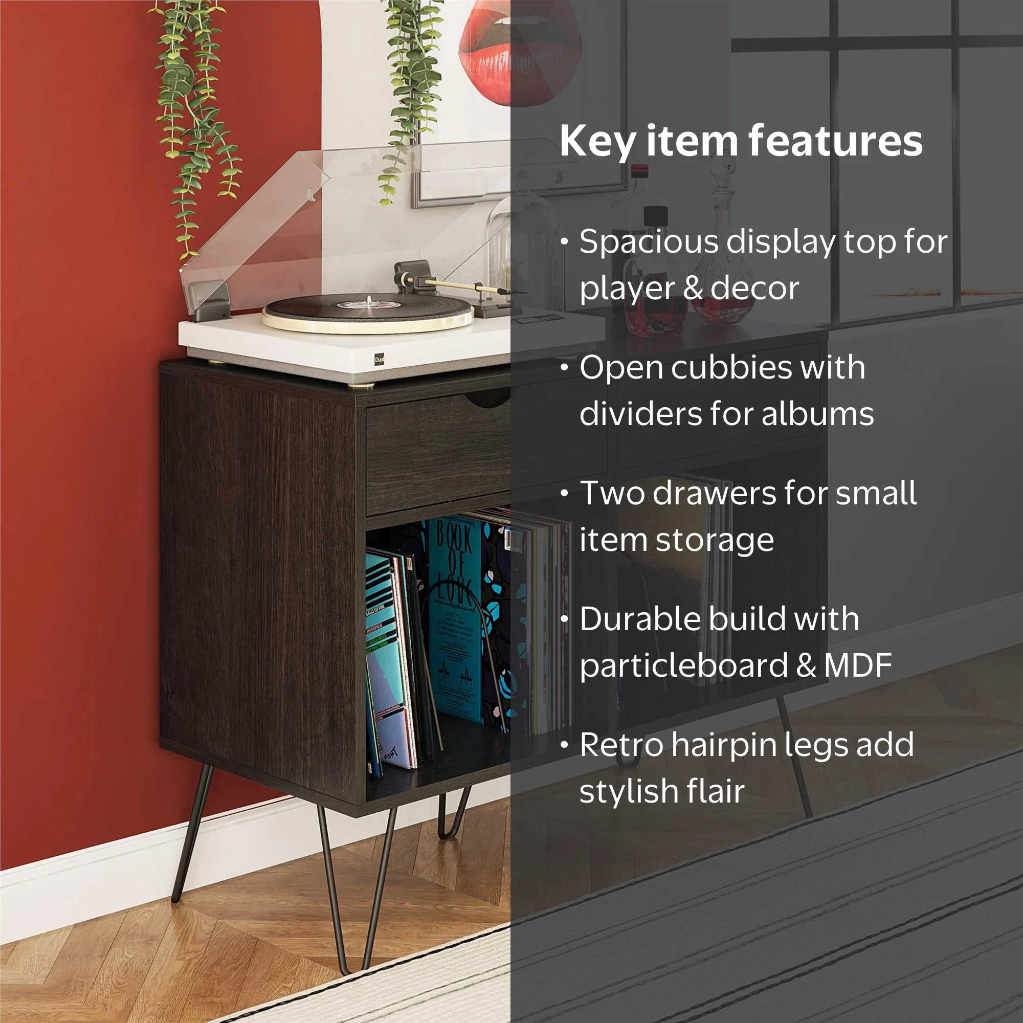 Novogratz Concord Turntable Stand with Drawers, Black Oak