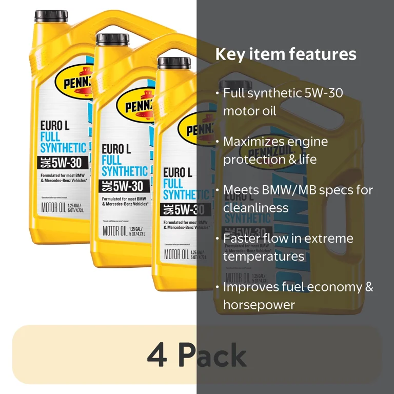 4 pack) Pennzoil Platinum Euro L Full Synthetic 5W-30 Motor Oil, 5