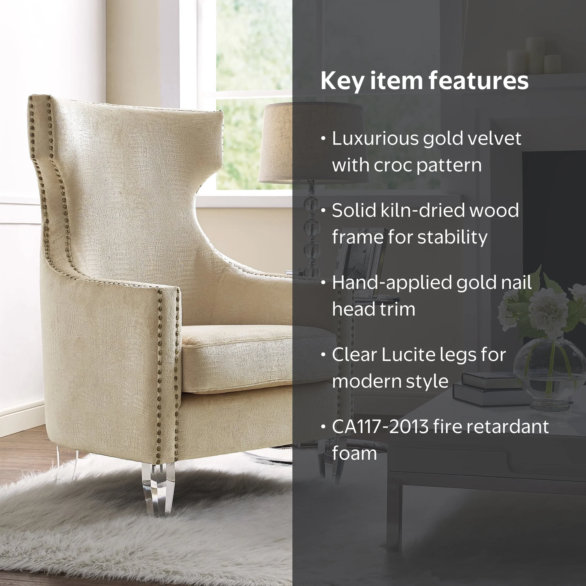 Gramercy Gold Croc Velvet Wing Chair - Walmart.com