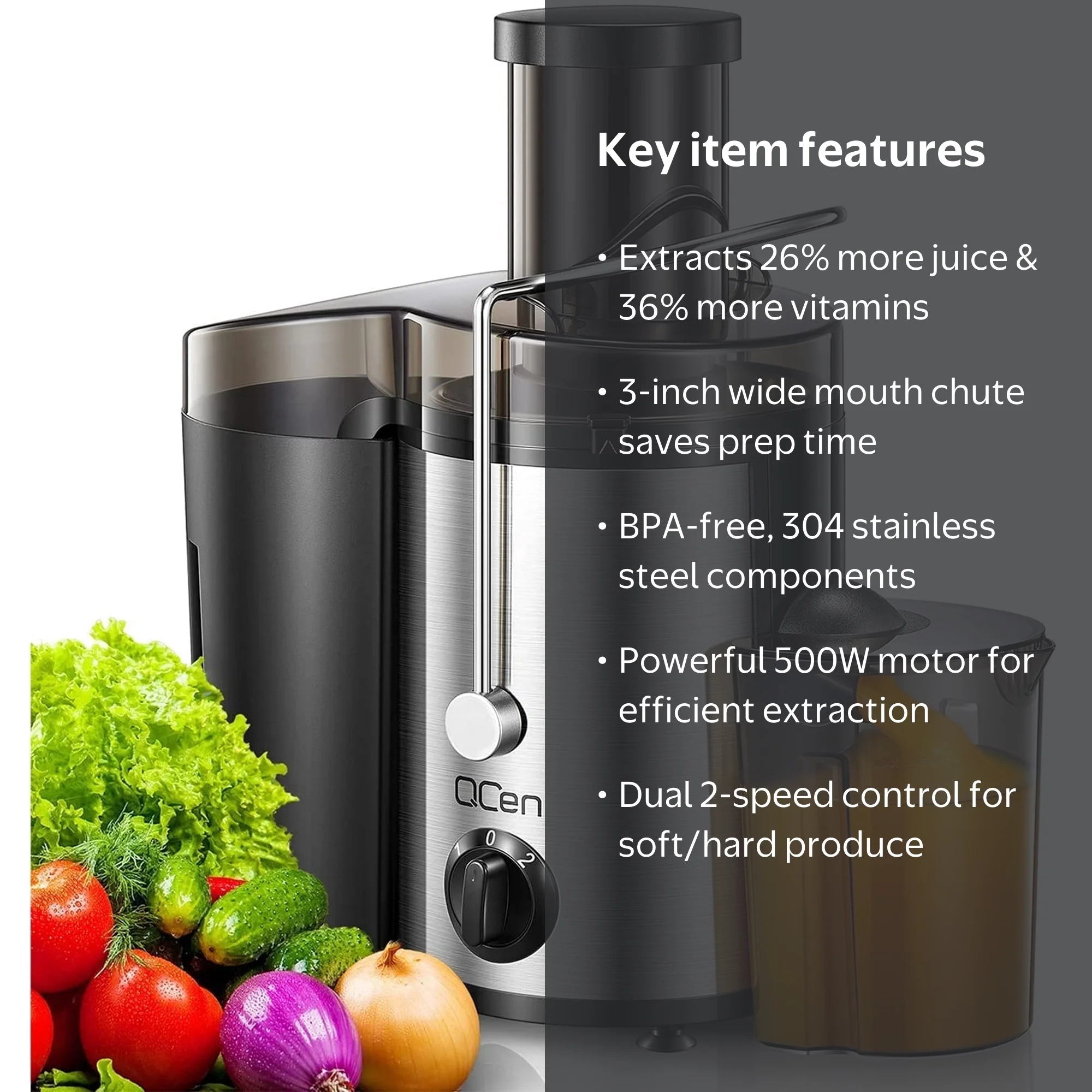 Qcen Juicer Machine, 500W Stainless Steel with 3
