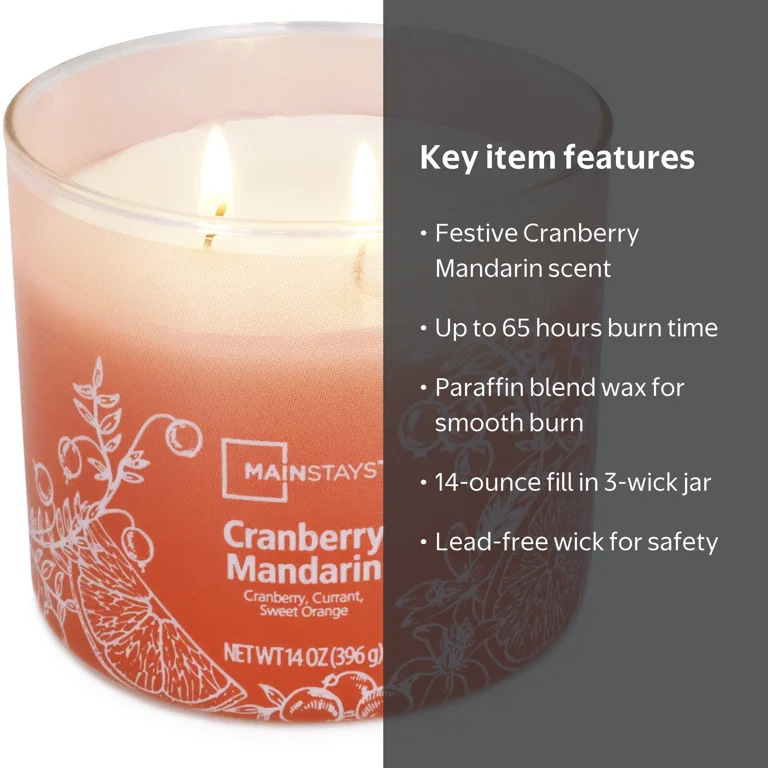 マドカリンダル　SCENTED CANDLE Mainstays Cranberry Mandarin 3-Wick Ombre Wrap Candle, 14-Ounce