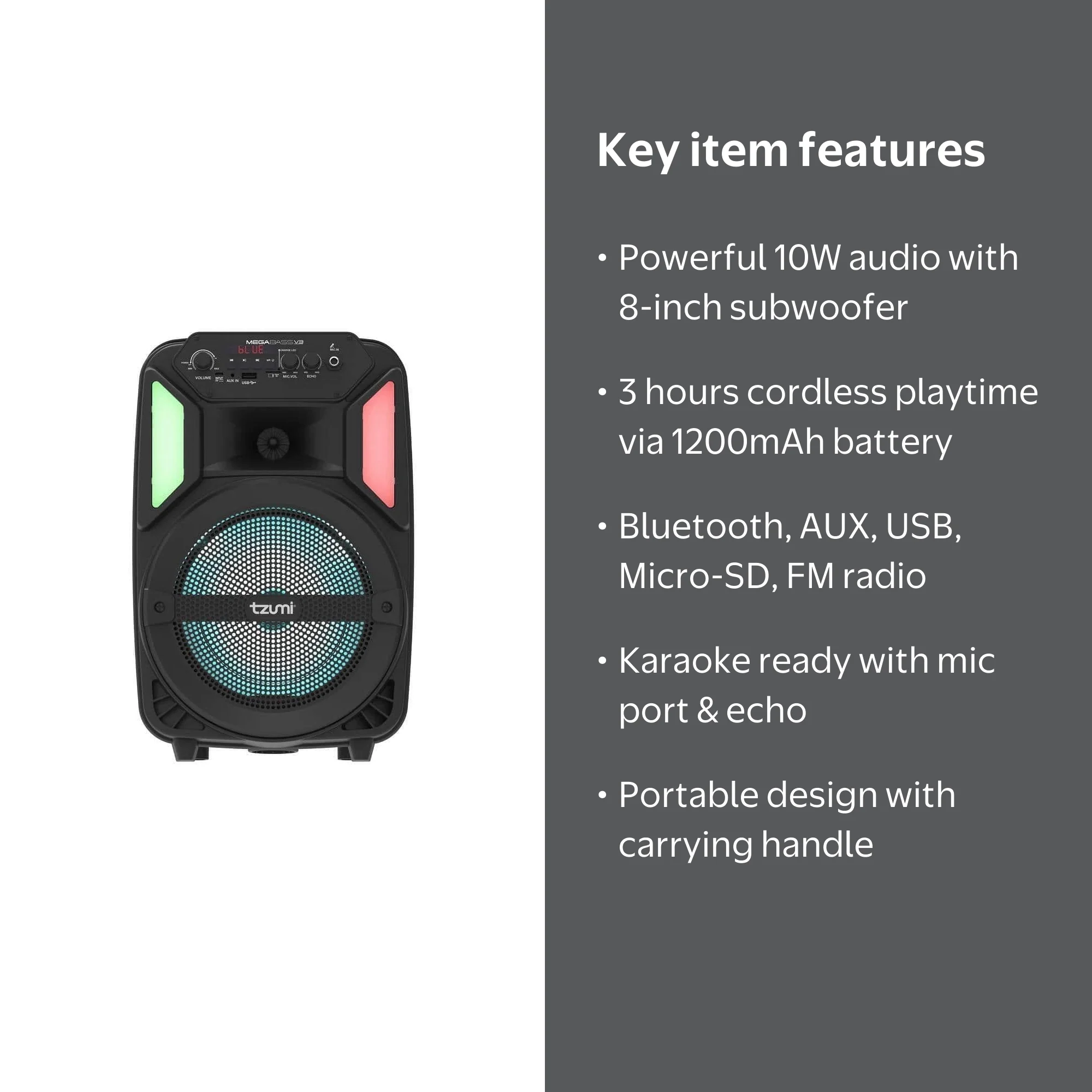 Tzumi MegaBass V3 Bluetooth Karaoke LED Speaker, Black, Portable