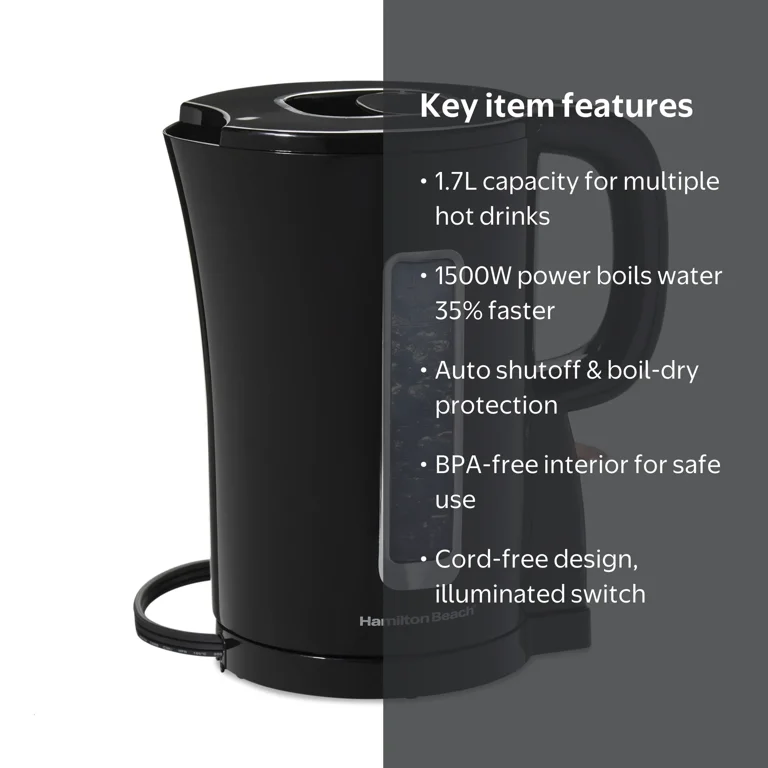 Hamilton Beach Electric Kettle, Tea & Water Kettle, 1.7L, Black