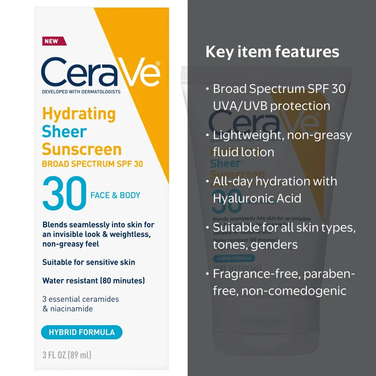 CeraVe Hydrating Sheer Face and Body Sunscreen Lotion SPF 30 with