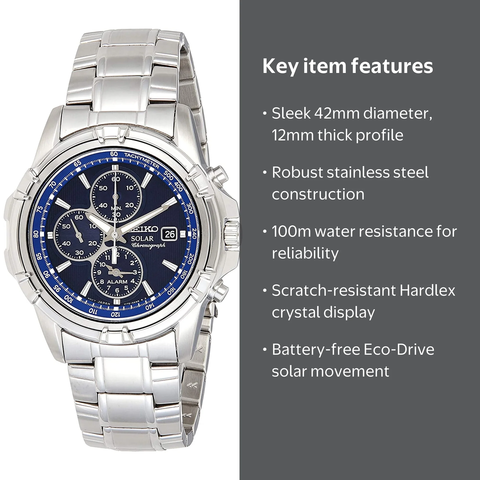 Seiko Men's Solar Diver's Watch, Blue Dial, Chronograph, Stainless