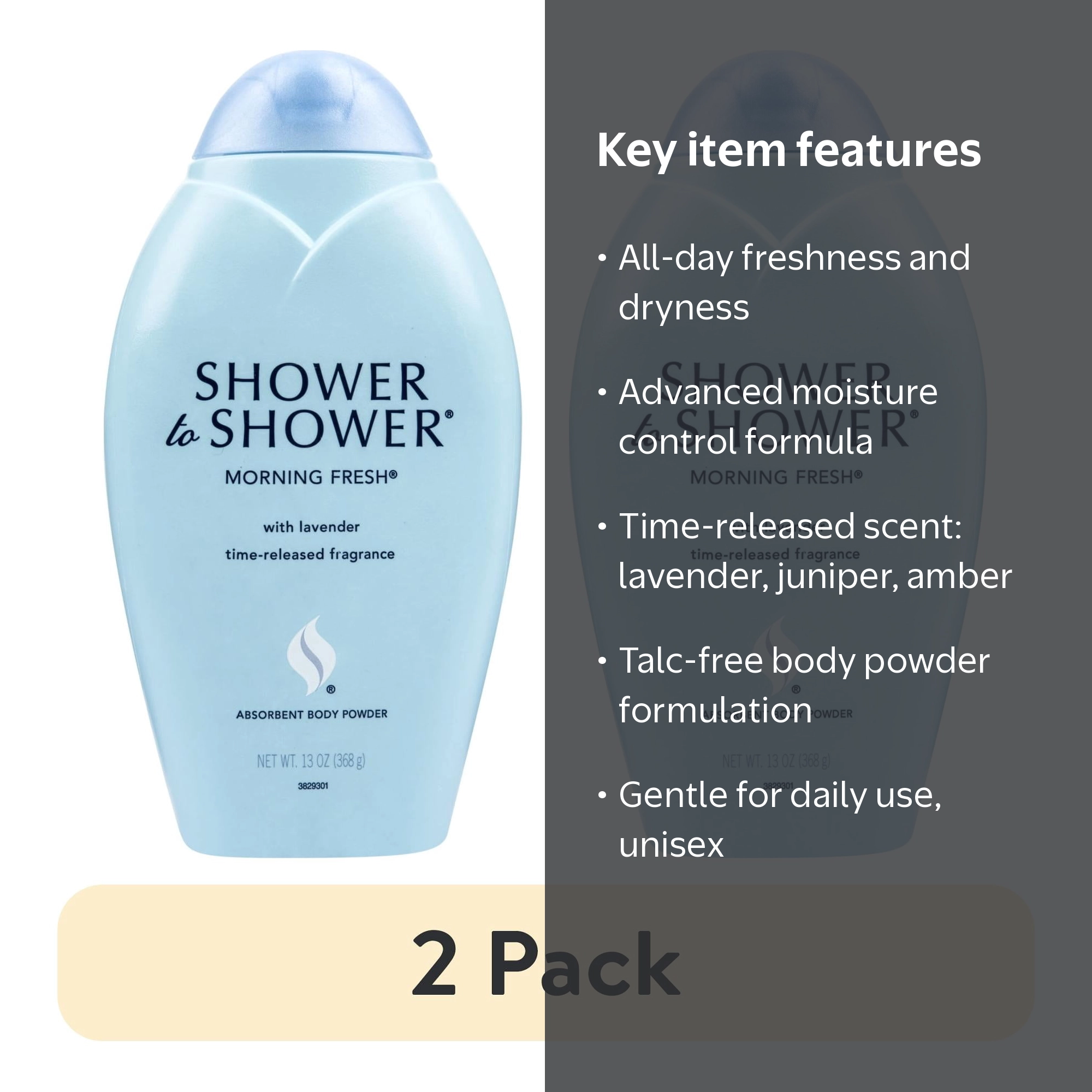 2 pack) Shower to Shower Talc Free Body Powder Moisture Control