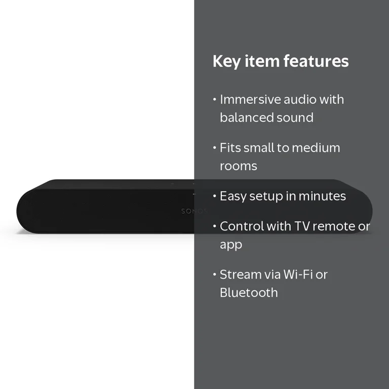 Sonos Ray Compact Sound Bar for TV, Gaming, and Music (Black), 22